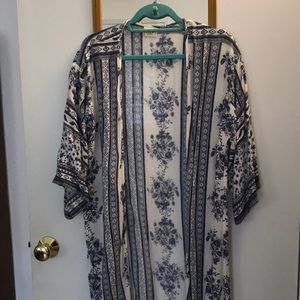 Blue and white duster kimono